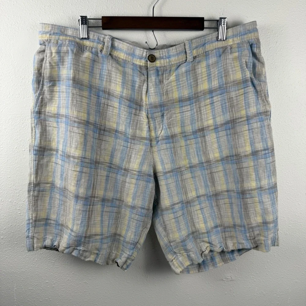 Tommy Bahama Mens Plaid Linen Blend Shorts Blue Yellow Tan Size‎ 40 Flat Front